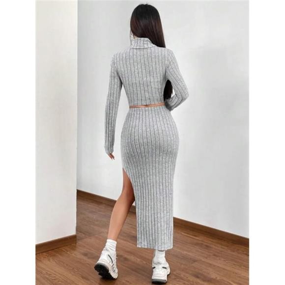 Turtleneck Crop Tee & Split Thigh Skirt - Picture 2 of 6